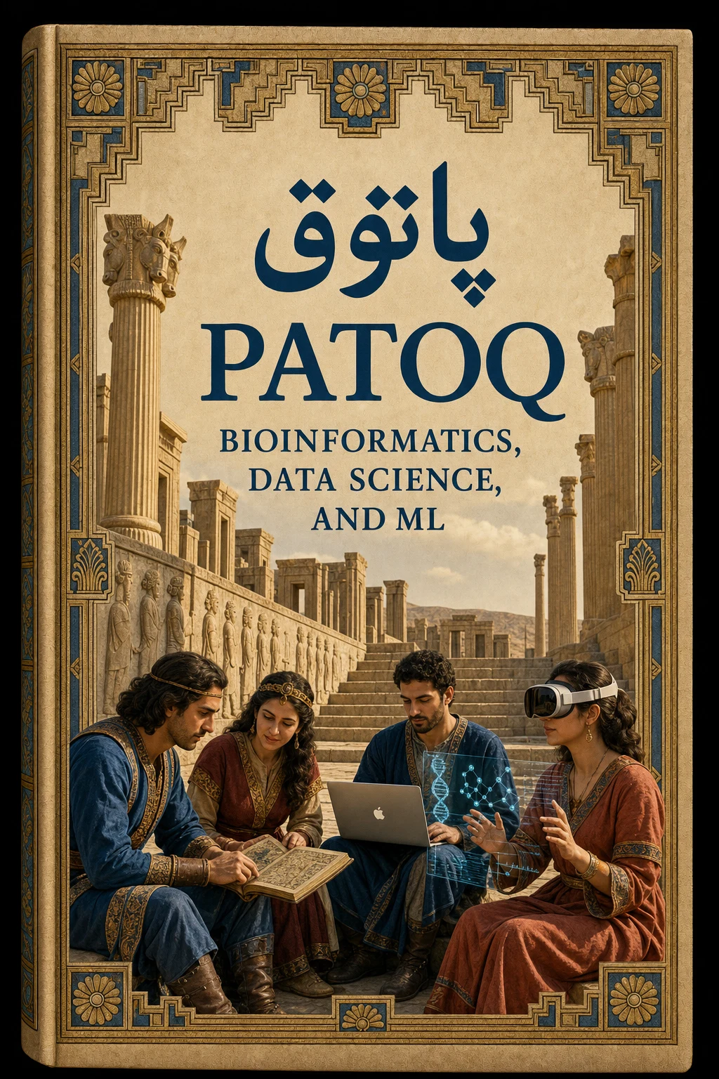 PATOQ book cover combining Persian heritage with bioinformatics and machine learning