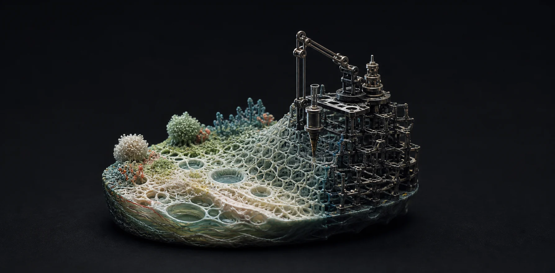 A handcrafted miniature landscape transitioning from organic cellular structures into a computational and mechanical system